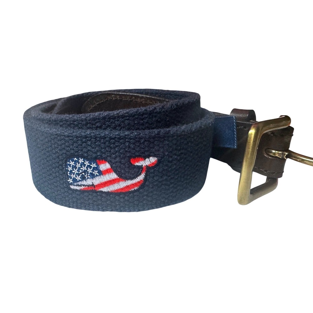 Vineyard Vines‎ Mens USA Flag Whale Canvas Leather Belt Navy Blue 34" kids